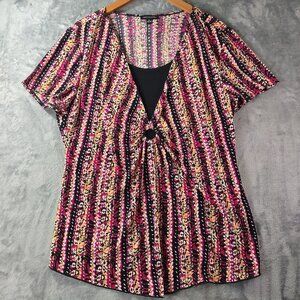 Notations Womens Ring Keyhole Stretch Knit Top XL Abstract Stripe High Low Artsy